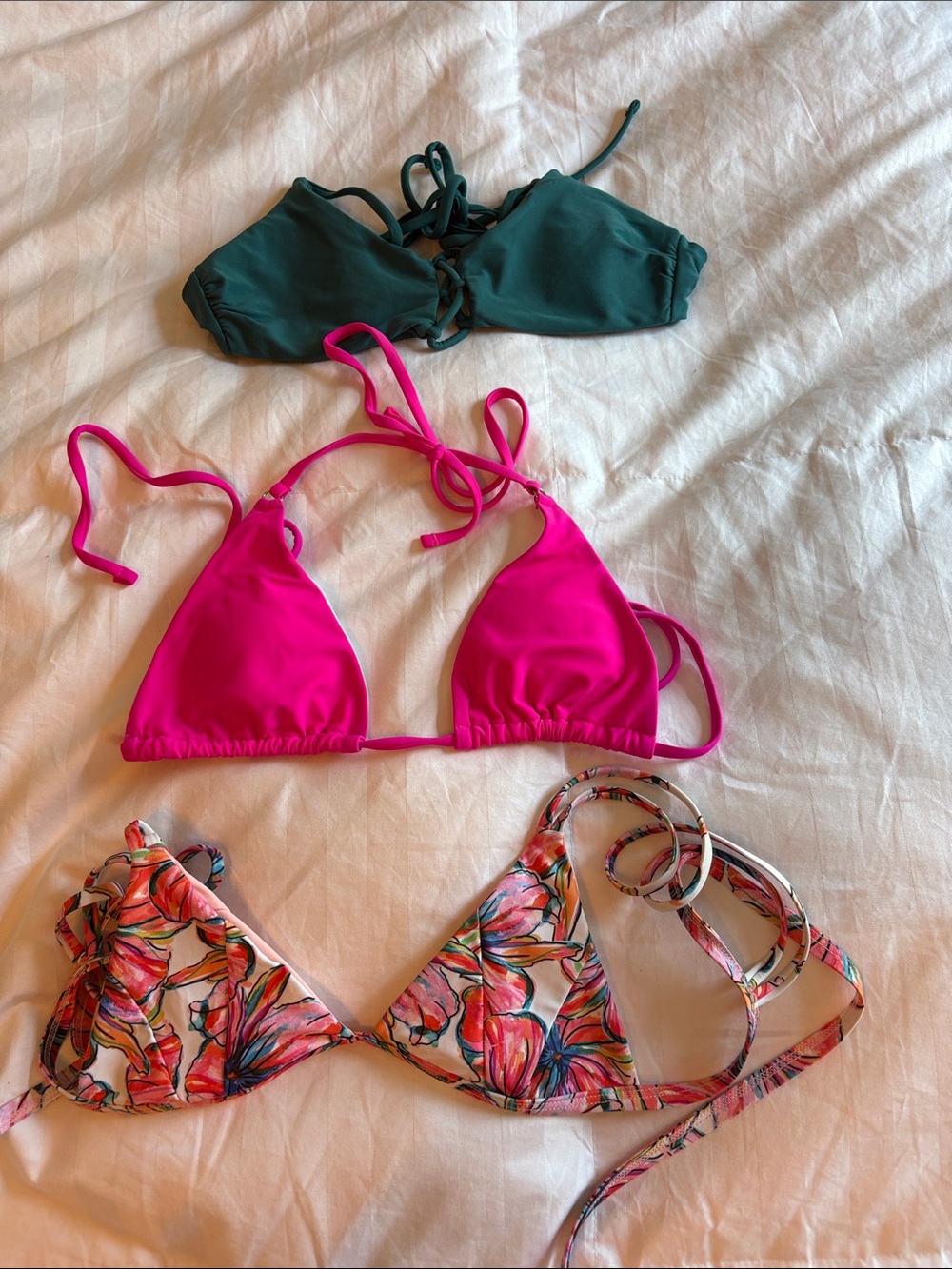 Three Triangle Bikini Tops - Green, Hot Pink, Floral